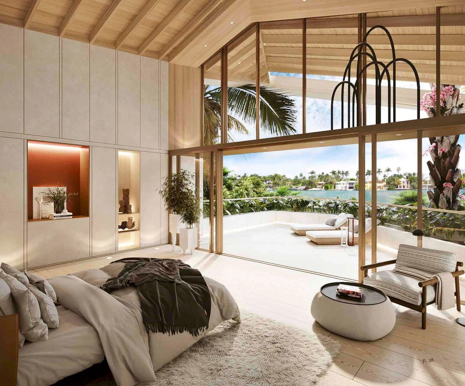 Master bedroom with double-height wood rafted ceiling