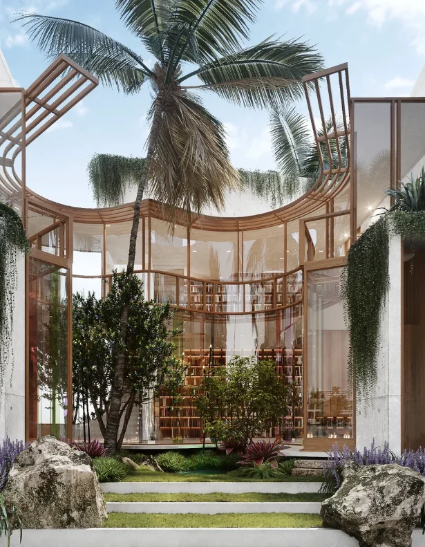 Organic curved glass courtyard