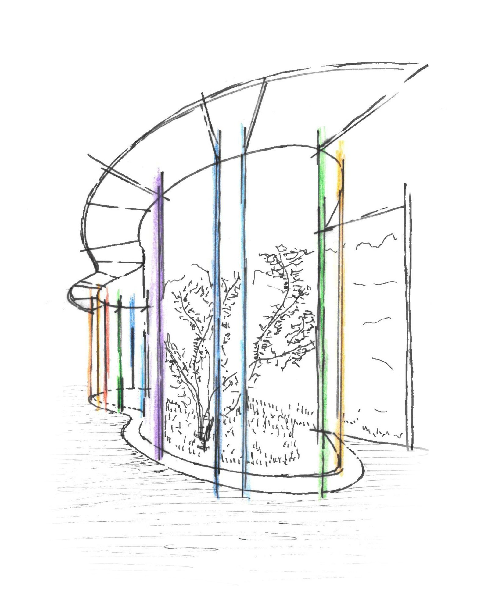 Courtyard concept sketch with colored chakra fins
