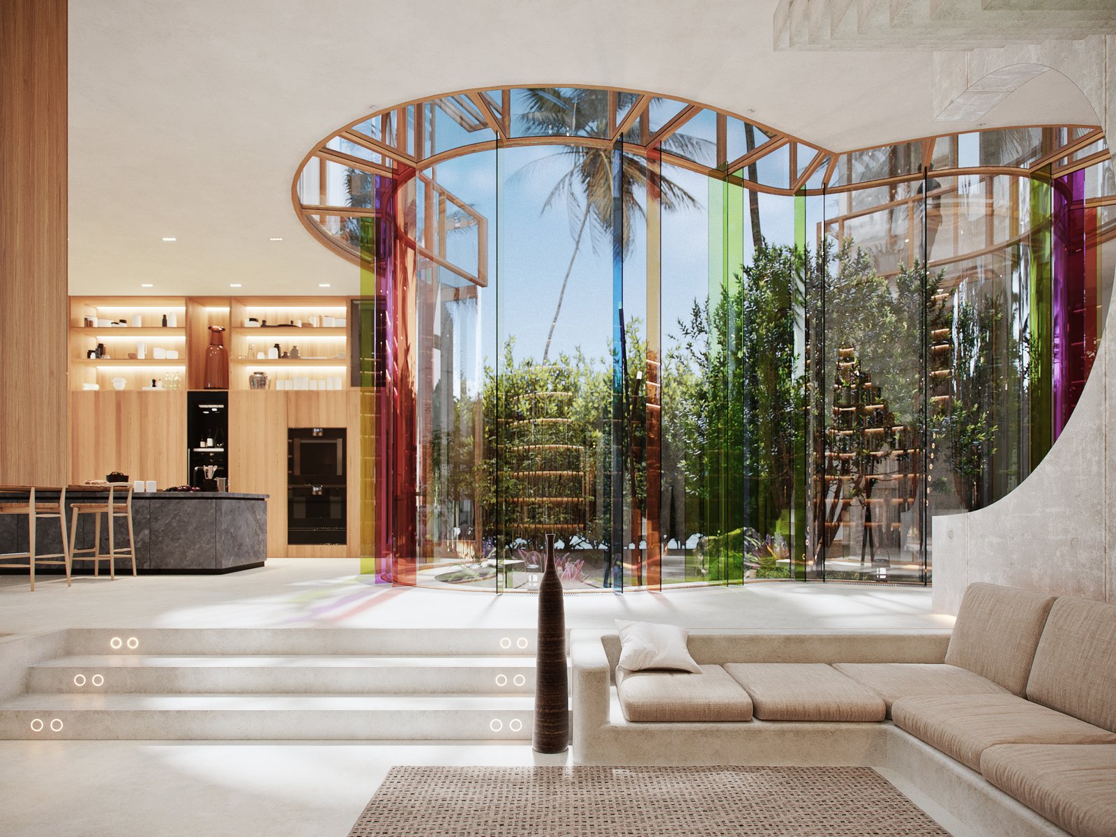 Curved glass courtyard bathed in natural light